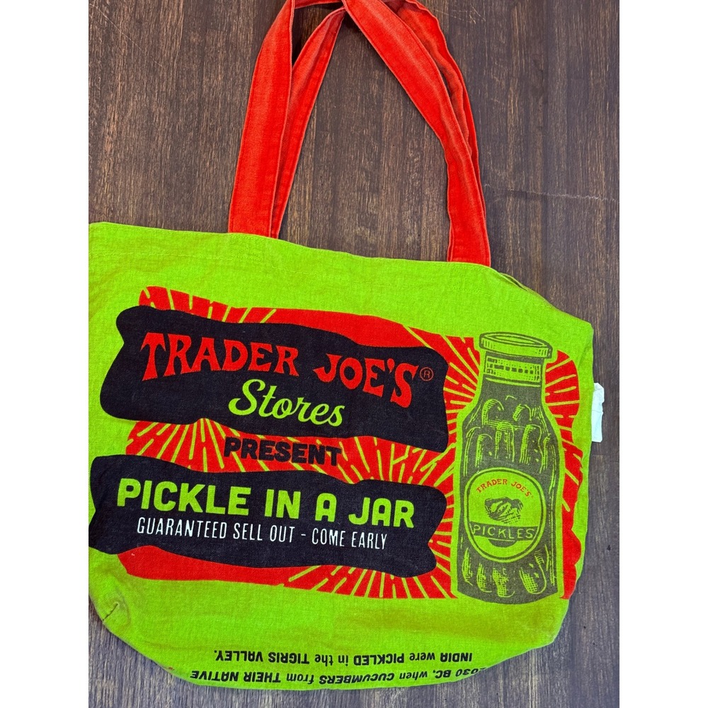 Trader Joe's The Pickles Canvas Tote Bag Green Red Reusable Grocery Shopper